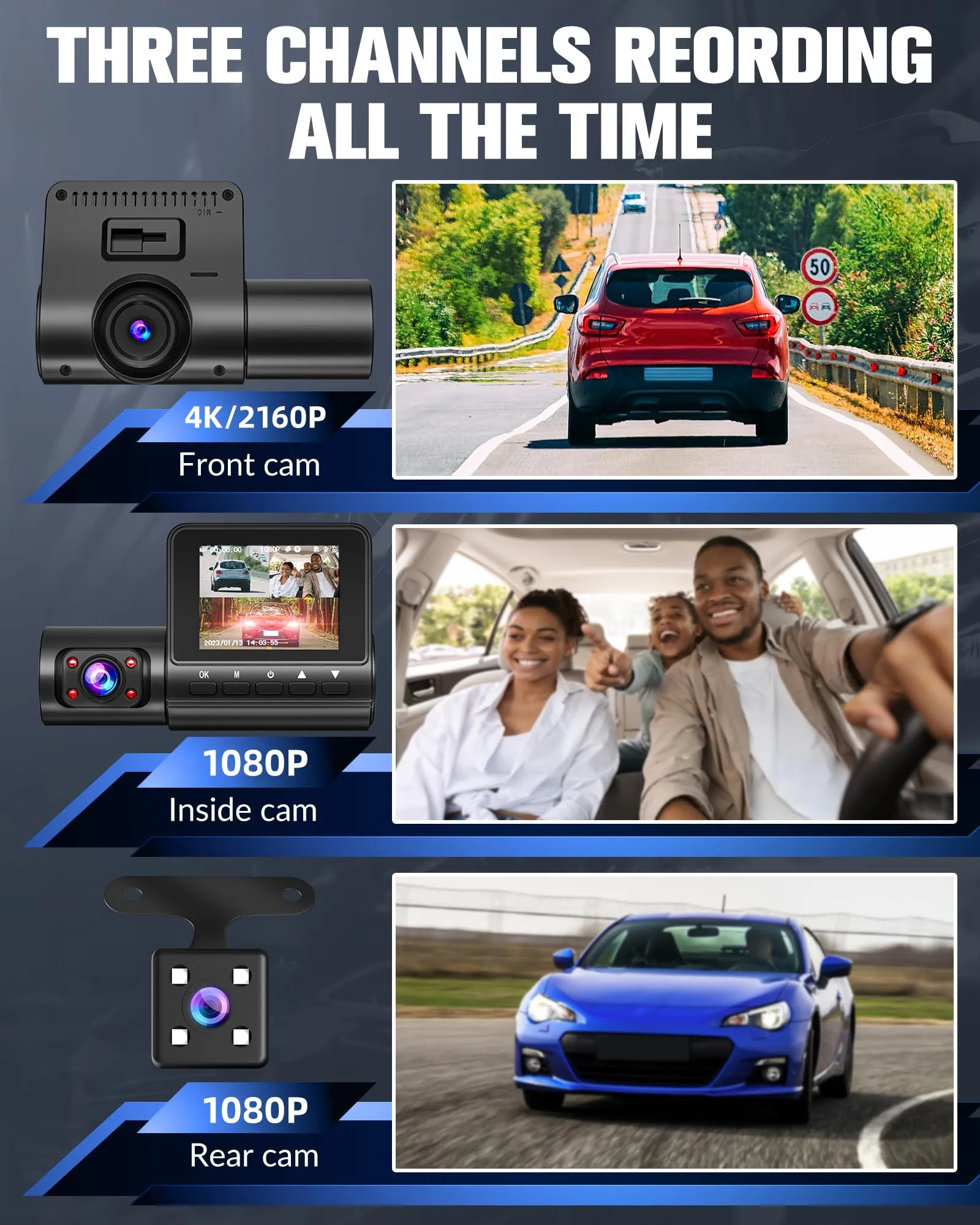 3-Channel 4K Dash Cam (Front/Rear/Cabin) - view 2