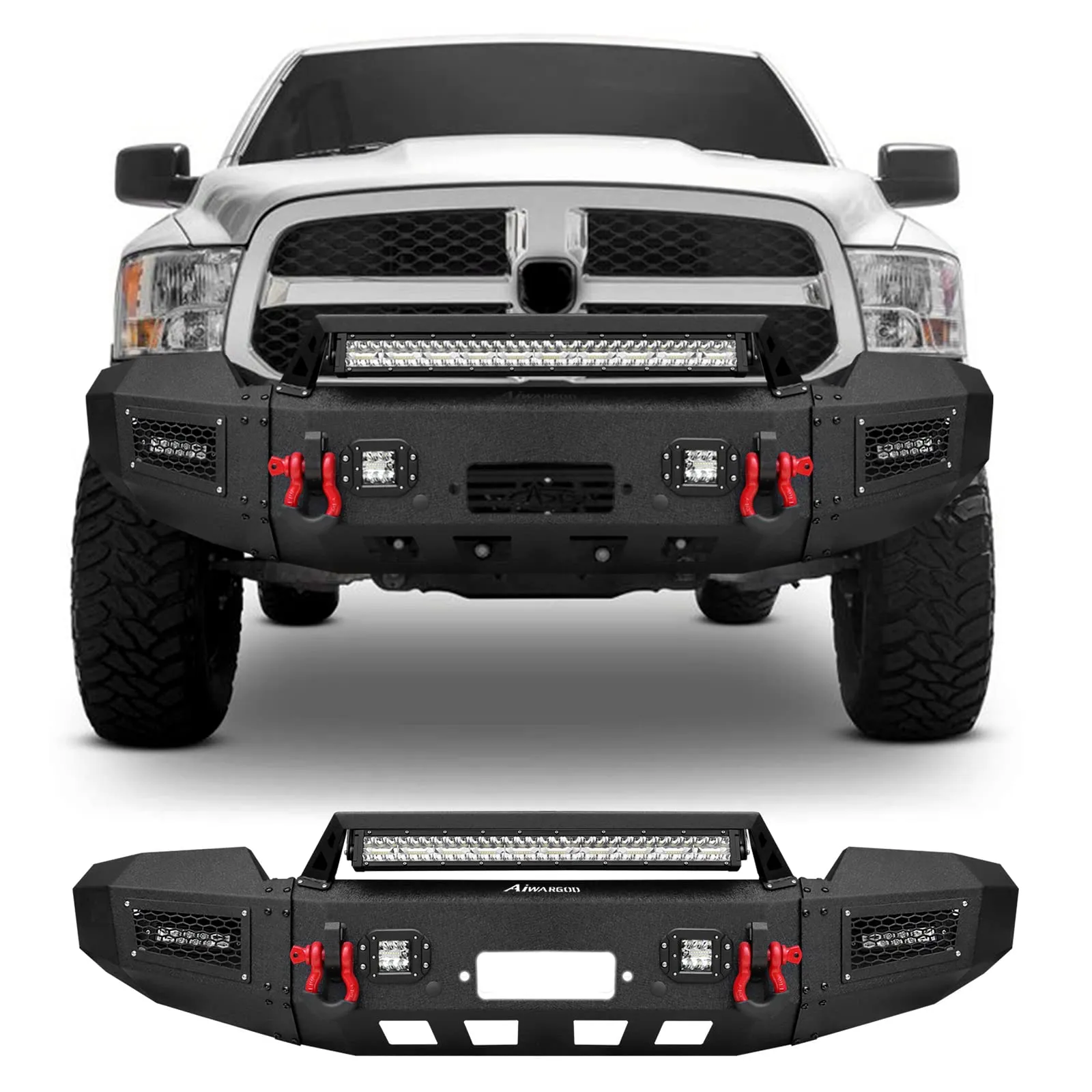Heavy-Duty Winch-Ready Steel Bumper with LED Pods - Exterior & Body for Off-Road Trucks